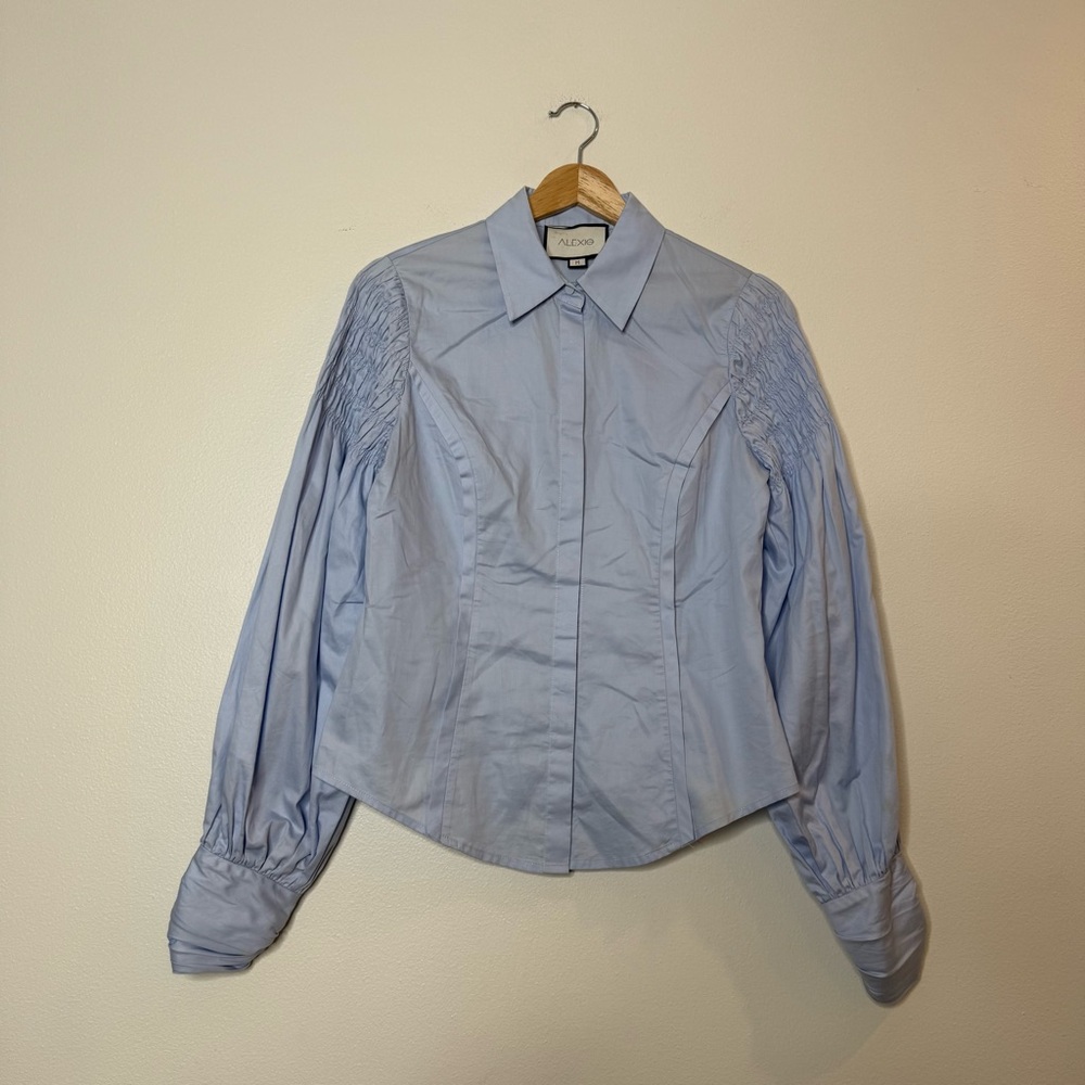 Alexis poplin corset puff sleeve ruched cuff collared top in powder blue medium